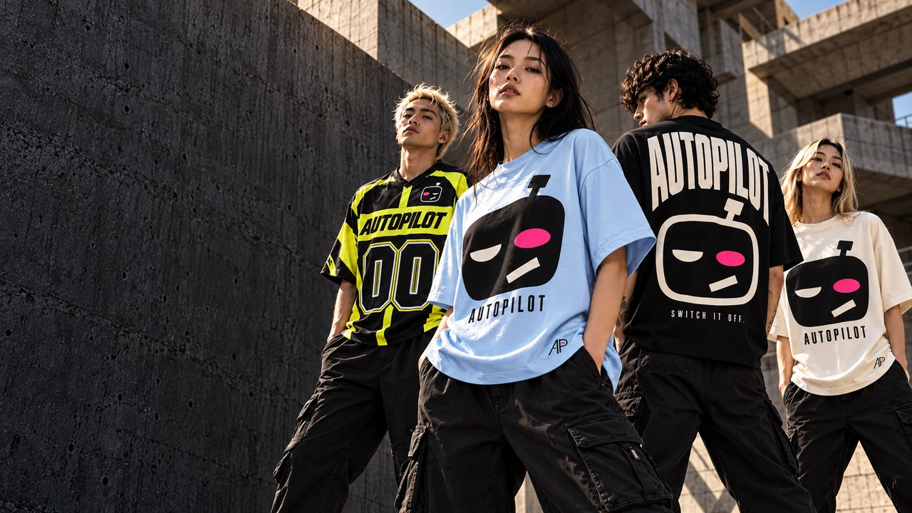 AUTOPILOT by PPP: oversized baby blue, bone and black robot graphic tees with acid-yellow 00 jersey