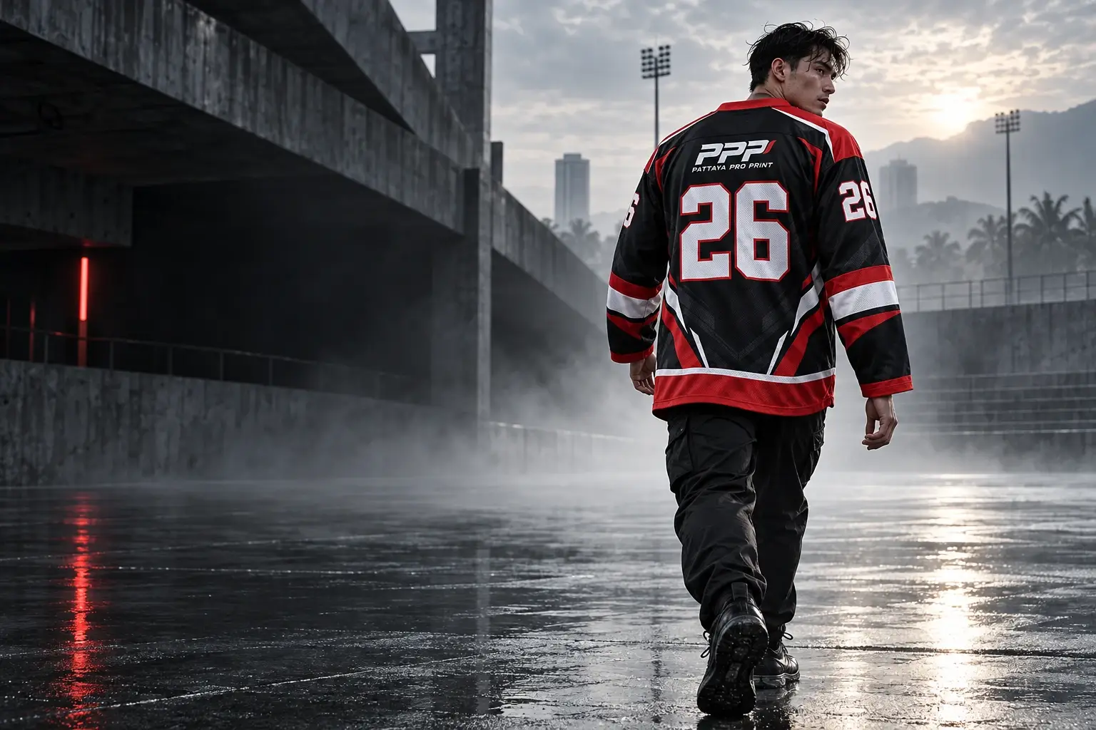 PPP hockey jersey design concept worn on a misty sports court