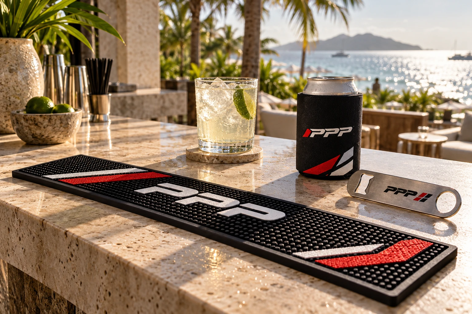 PPP branded bar mat, cooler and bottle opener design concepts in a sunlit beach club