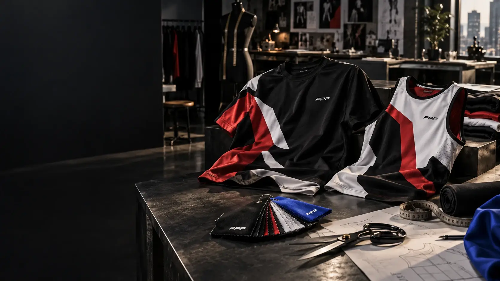 PPP T-shirt and sleeveless top design concepts in a cinematic apparel atelier